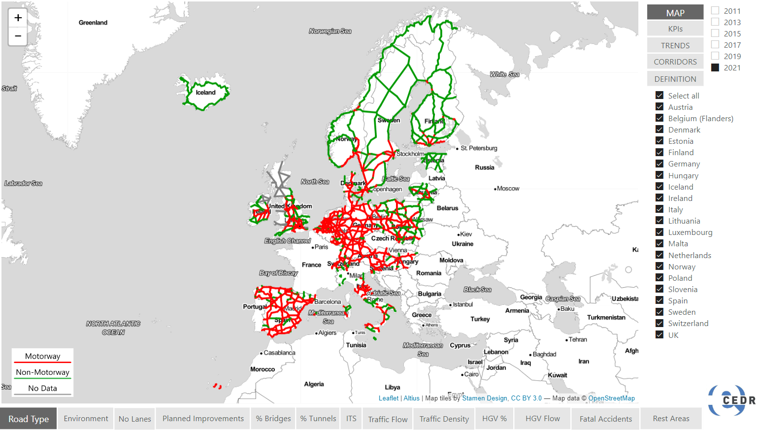 CEDR updates its Pan-European Road Network Performance GIS web map